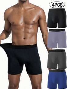 4件套男士纯色长款内裤，高弹力拳击短裤，休闲舒适百搭平角内裤，男士日常休闲耐穿内裤，基础款纯色拳击短裤，时尚大码拳击短裤，内裤套装，男士返校礼物，万圣节男友礼物，圣诞礼物 - 彩色 - 查看 2