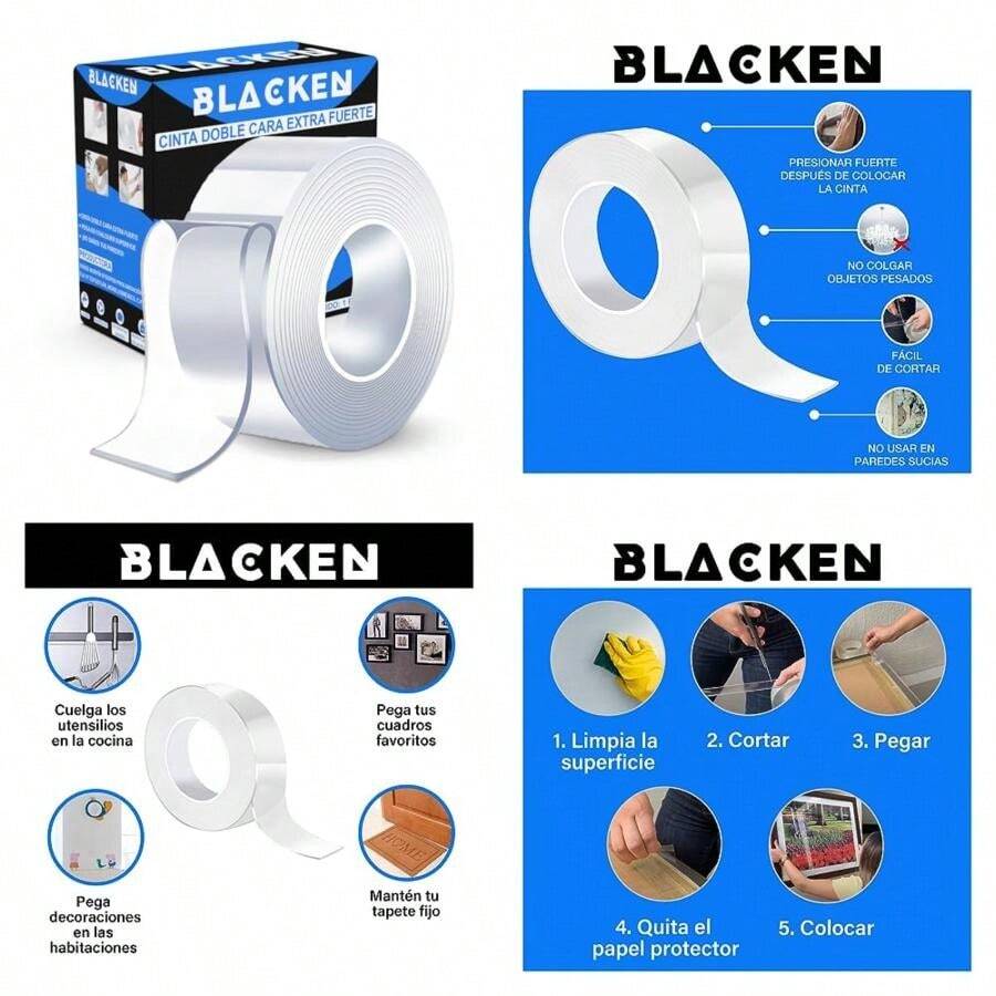 BLACKEN - Cinta Doble Cara Extrafuerte | Nano Tape | Cinta Transparente | Nano Tape Reutilizable | No Más Clavos | Nano Cinta Adhesiva | Lavable, Antiderrapante(default) - Multicolor - Ver 1