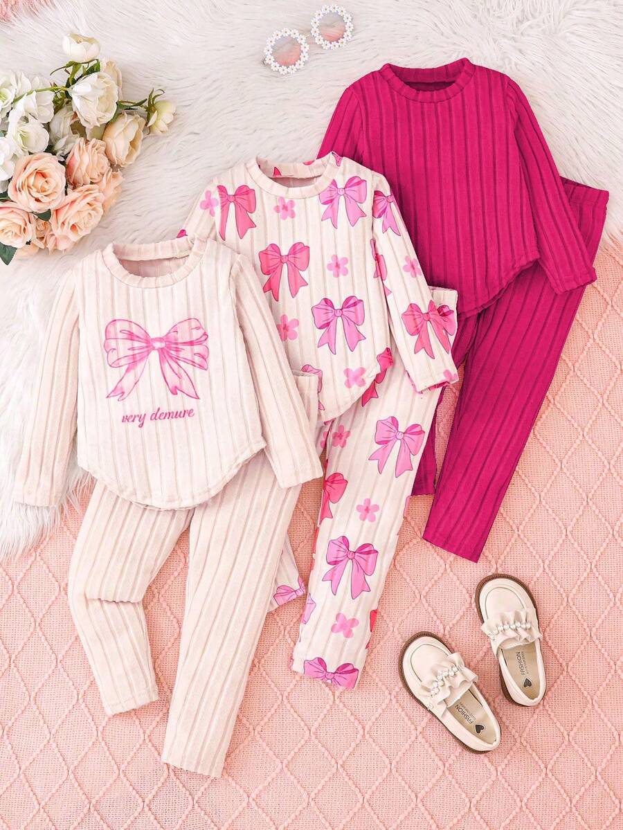 Chatreadl Juego de 6 piezas/3 sets de sudadera de manga larga y pantalones para niñas, con decoración de moño, textura acanalada, lindo, cálido y transpirable - Rosa Fucsia - Ver 1