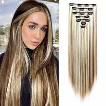 22英寸直发合成假发，7片装直发接发套装，带隐形夹，可延长头发长度 - 彩色 - 查看 19