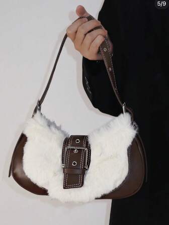 2025 Autumn/Winter New Fluffy & PU Armpit Bag, Vintage Fluffy Baguette Bag For Women, Casual Street Shoulder Bag, Y2K Furry Contrast Color Handbag