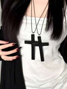 2 piezas Collar largo con colgante de cruz, madera negra y metal, joyería unisex punk Y2K para atuendo diario, accesorios para fiestas - Negro - Ver 9