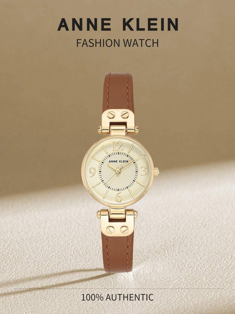 Anne Klein 女士棕色皮革表带石英表，经典易读表盘，女士时尚腕表，10/9442CHHY - 棕色 - 查看 1