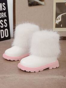 1双白色保暖毛绒领女童雪地靴，防滑耐穿，时尚粉色橡胶软底，后拉链设计，公主风PU皮靴，适合3-15岁女孩日常活动、户外活动、滑冰、打雪仗，2025冬季新款女童鞋 - 粉色 - 查看 14