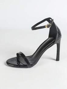 Sandalias de tacón alto y punta abierta sexy para mujer, cómodas sandalias de tacón fino con tira de tobillo y punta redonda - Negro - Ver 6