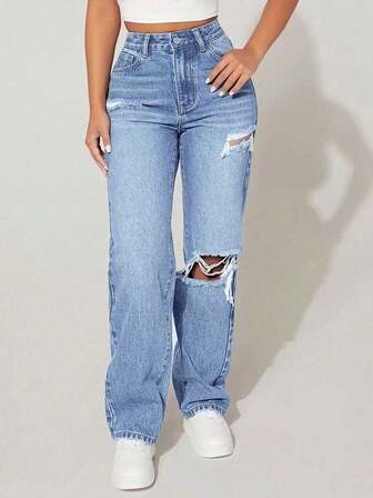 Teen GirlStraight Leg Jeans, Vintage Distressed Washed Frayed Hem Casual Denim Pants, Fashion