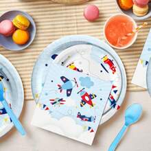 Airplane Plates And Napkins Party Supplies - Airplane Birthday Decorations Tableware Paper Plates Napkin Cup Disposable Cutlery Airplane Party Decorations Dinnerware Server 24 - 藍色 - 查看 5
