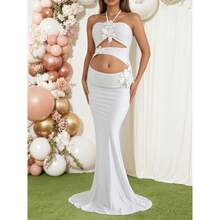 Vestido largo de sirena sin tirantes en color blanco para mujeres embarazadas, de tela de punto elástica con decoración floral 3D en la falda, adecuado para fiestas de maternidad, sesiones de fotos y ocasiones formales - Blanco - Ver 11