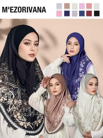 1pc Floral Print Bohemian Polyester Chiffon Hijab With Rhinestone Embellished Brim, All Season,Beach,Holiday