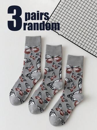 3 Pairs Women's Cartoon Butterfly Pattern Mid-Calf Socks, Cute & Casual For Daily Wear And Gatherings