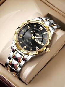 1pc Men's Business Quartz Wrist Watch, Round Roman Numeral Dial, Classic Design (Watch Only, No Box) - Gold - View 8