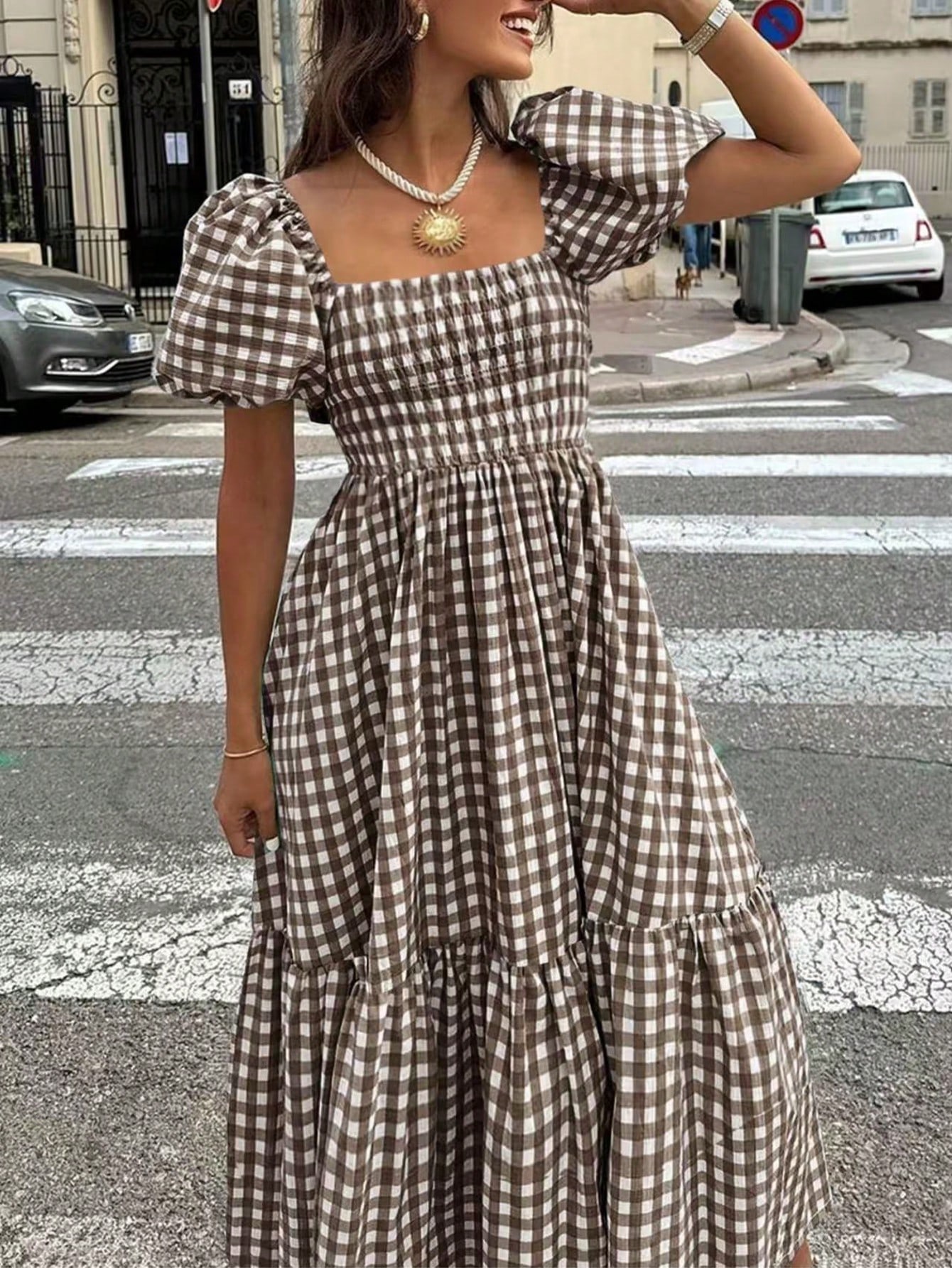 Plaid Puff Sleeve Dress