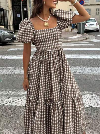 2026 Spring & Summer Women's Plaid Elegant Bohemian Casual Puff Sleeve Ruffle Hem Pleated Coffee Color Dress, Women's Concert Outfit, Street Style, Women's Valentine's Day Outfit