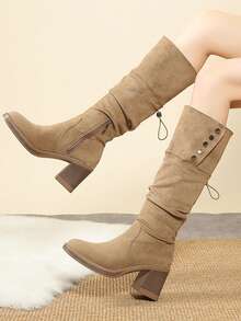 Women's Fold-Over Tall Boots, New Autumn/Winter Design, Wrinkled Shaft, Dual-Wear, High Heel, Chunky Heel, Riding Boots - Khaki - View 4