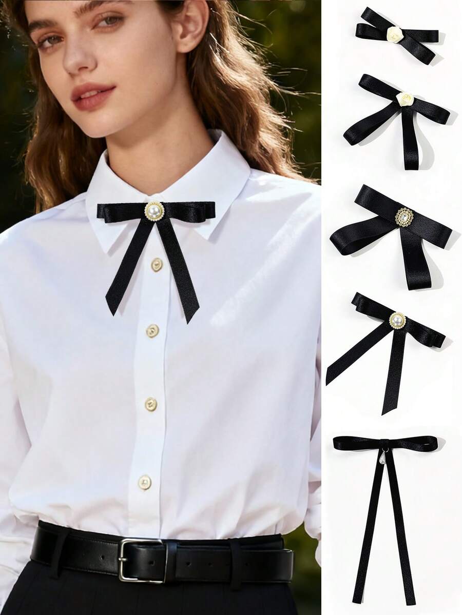 1pc Women's Minimalist Casual Elegant Rhinestone & Faux Pearl Bow Tie Collar Accessory, Suitable For Pairing With Shirts, Suitable For Important Occasions, Banquets, Parties, Any Scenario, Great Gift For Best Friend - Multicolor - View 1