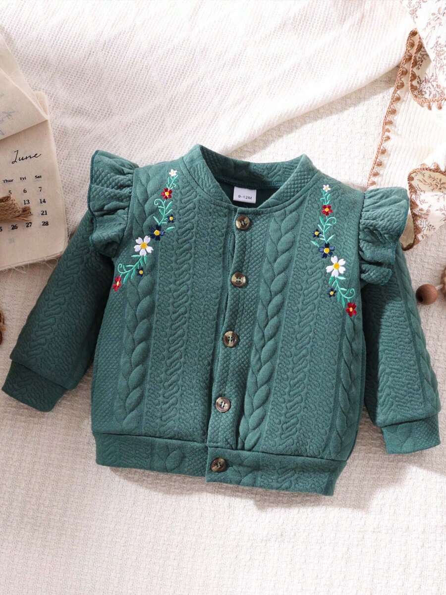 Infant/Baby Girl Minimalist Floral Embroidered Long Sleeve Button Design Jacket