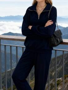 2026 Early Spring New Arrival Set: Versatile, Comfortable, Lightweight, And Casual;[Designer Half-Zip Stand-Up Collar Sweatshirt] Niche High-End Feel, Loose Silhouette, Versatile Layering Artifact - Màu xanh lam - Xem 3