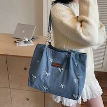 Bolso de hombro vaquero con lazo para mujer, moderno bolso de lona con cremallera para viajes diarios. - Azul - Ver 1