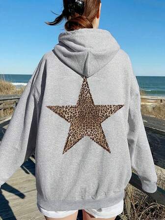 Plus Size Women's Leopard Print Five-Pointed Star Graphic Hoodie | Loose Casual Fall & Winter