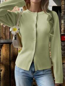 Damen Langarm Knopf Cardigan Pullover Winter Lässig Business Jacke Geeignet für Ausflüge - Grün - Übersicht 2