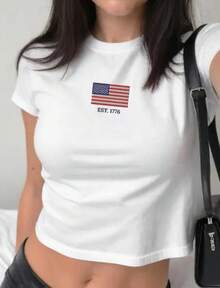 Fourth Of July Embroidered Flag Baby Tee _ Independence Day Shirt _ American Flag TShirt _ Vintage Y2K Gift For Her _ USA 1776 Baby Tee - 白色 - 查看 1
