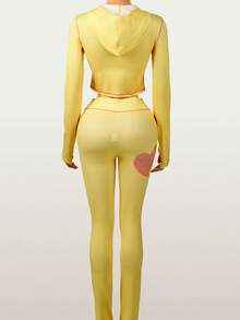 Bộ đồ hai mảnh dáng ôm, tay dài, có mũ trùm đầu, in kỹ thuật số, quần ống rộng, thường ngày cho nữ - Màu vàng - Xem 4