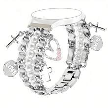 1pc Faux Pearl Beaded Watch Band Compatible With Apple Watch 38/40/41/42/44/45/46/49mm, Suitable For Women - Cuban Link Bracelet, With Cute Pendant Charm, Apple WatchWatch Seamsung Galaxy Watch 7/6/5/4/Active2 Classic 40/44mm, HUAWEI And Other 20mm/22mm Watch Faces (Band Only)