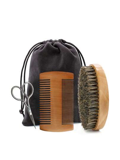 3 Men's Beard Care Sets-Beard Oval Brush, Double-Sided Comb, Repair Scissors, Beauty Tools For Softening, Conditioning And Cleaning, With Cloth Bags.