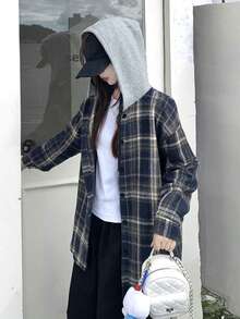 女式复古连帽格子衬衫，新款宽松休闲风格衬衫夹克 - 藏蓝色 - 查看 4