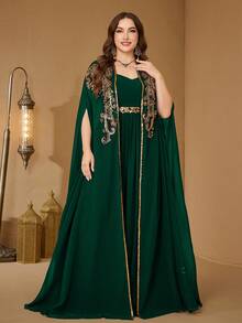 UNITHORSE 加大码 V 领重工刺绣超长喇叭袖黑色雪纺连衣裙