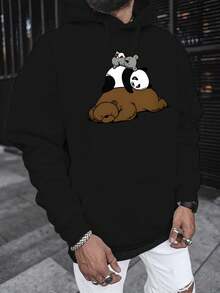 Sudadera con capucha de patrón cómodo para hombres con diseño de panda y canguro - Sudadera suave para otoño e invierno, sudadera gris con ribete negro, regalo perfecto para hombres, ropa de otoño | Top estampado animado | Tratamiento de tela brillante, regalo de panda - Negro - Ver 3