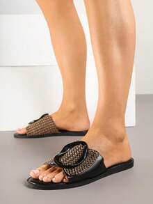 Boho Woven Slides Women's Summer Beach Sandals Casual Flat Shoes - Black - View 4
