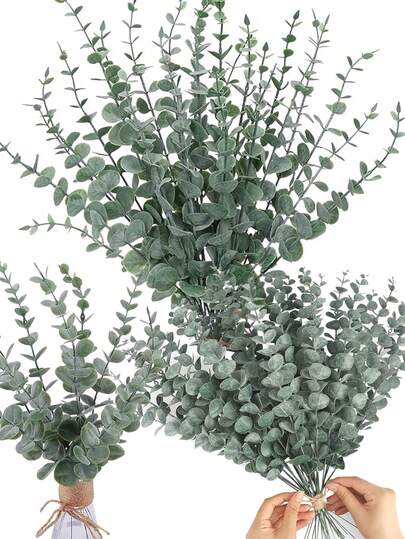 12pcs Artificial Green Eucalyptus Branches, Faux Eucalyptus Stems For Wedding Bouquets, Home Decor, Boho Style Floral Arrangements, Farmhouse Decor, Vase Fillers, Fake Plants, Garden Decorations, Tabletop Centerpieces, Room Decorations, Hotel Wedding Decorations, Valentine's Day, Christmas Decorations