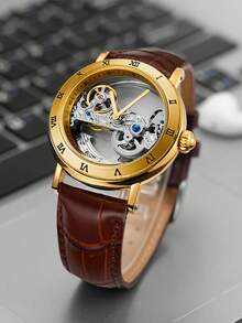 1pc Men Classic Retro Automatic Mechanical Watch For Men Luminous Hands Leather Strap Business Golden Bridge Skeleton Watches Gifts With Box