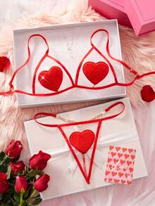 2pcs Valentine's Day Gift Women's Sexy Lingerie Set, Adjustable Straps Triangle Cup Bra With Single Hook Closure And Metal Chain Back Connection Thong, Velvet Heart Pattern, Comfortable & Seductive Intimate Apparel Set - Red - View 12