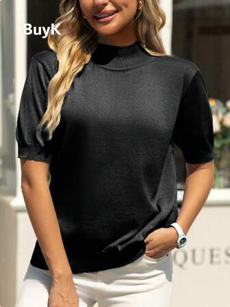 BuyK [Topper] BuyK Dam Elegant Polotröja Kortärmad Stickad Tröja, Mjukt Tyg Klassisk Mångsidig, Lämplig För Flera Tillfällen