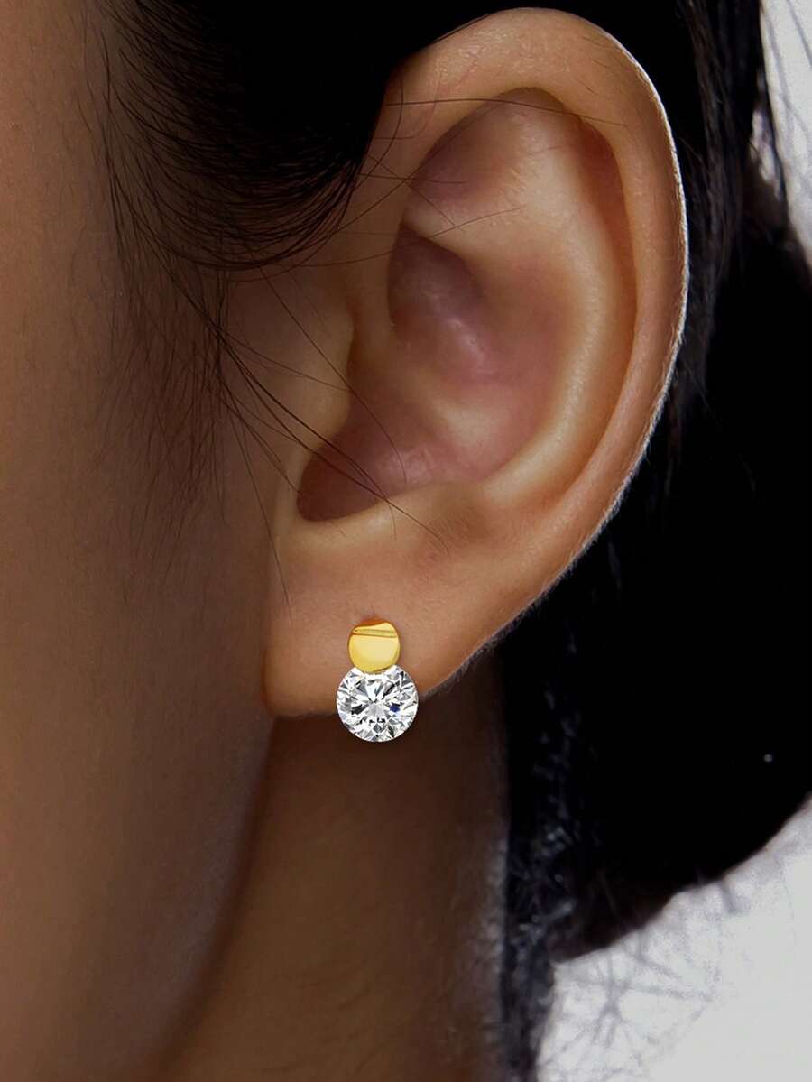 ELSEDES 1 Pair Fashionable High-End S925 Sterling Silver Handmade Inlaid Gems Stud Earrings, Showcasing Stylish Charm, Quality Jewelry, Suitable For Women In Daily, Party, And Anniversary Wear - Gold - View 1