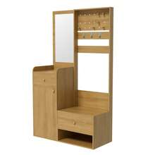 Estante compacto, moderno y multifuncional para la entrada, con espejo y ganchos ajustables. Ideal para recibidor, sala de estar o dormitorio. Color marrón/blanco. - Marrón - Ver 10