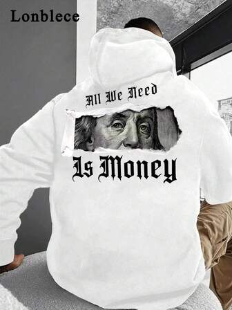 Lonblece 1件男士独特美元钞票印花套头连帽卫衣，适合秋冬季穿着