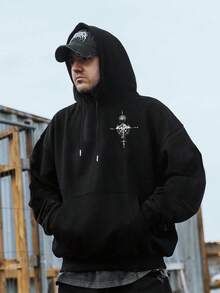 Sudadera Casual de Otoño Invierno para Hombre - Impresión de Brújula del Universo Geométrico Verde Oscuro, Sudadera Holgada, Diseño de Cordón, Cuidado de Lavado a Mano, Moda de , Costura de Alta Calidad, Estilo Urbano, Esencial de Otoño - Negro - Ver 6
