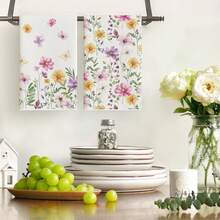 Spring Summer Flower Kitchen Towels 18x26 Inch  Set Of 2 Pink Yellow Floral & Leaf Towels, Absorbent Dish Hand Towels Holiday Home Decoration| Home & Kitchen - 白色 - 查看 3