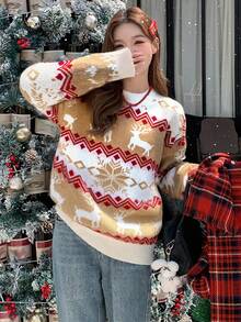 1 قطعة كنزة صوفية محبوكة بتصميم رنة عيد الميلاد للبنات والمراهقات، متعددة الاستخدامات، مريحة، أنيقة، دافئة - كاكي - مشاهدة 4