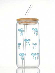 1pc 16oz Transparent Coffee Cup With Bow Design, Comes With Bamboo Lid And Straw, Large Capacity Outdoor Travel Beverage/Juice Cup, Suitable For Summer And Winter, Birthday, Holiday Party Gift, Christmas Gift Glass Water Bottle - Multicolor - View 6