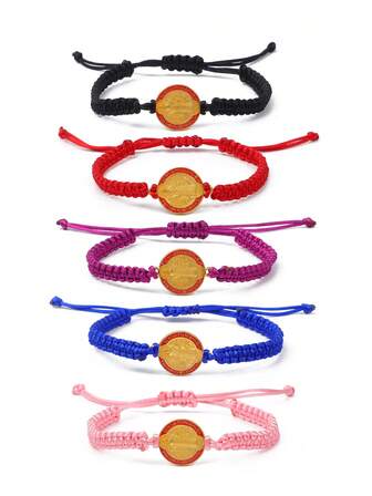 Set de 5 pulseras tejidas con medalla de San Benito de colores variados (rojo+rosa+morado+negro+azul marino), estilo retro, pulsera tejida ajustable (el frente y el reverso son diferentes)