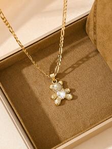 1 pièce Collier pendentif en forme de petit ours de style européen et américain, en cuivre incrusté de zircone, hypoallergénique, empilable. Convient comme cadeau de Noël/Thanksgiving/Halloween/Fête des Mères/Saint-Valentin pour les couples/amis/parrains, Première communion catholique, port quotidien et festif - Or jaune - Voir 2