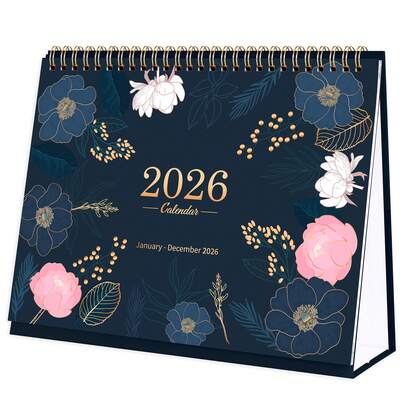 2026 Large Desk Calendar With Stand - Elegant Navy Blue & Gold Floral Design, Monthly Planner With Weekly Layout And Memo Pages, Suitable For Home Office, Study Or Work Space Organization, English Date Calendar With Consecutive Monthly Memo Pages, Sturdy Binding, And Fashionable Navy Blue Cover With Gold Floral Pattern And Pink Accents, Small Desk Calendar, Desk Calendar For Classroom, Wooden Desktop Calendar
