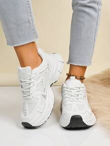 Women's White Casual Sneakers, Thick Sole Chunky Sneakers, Mesh Breathable, Printed Lace-Up, Petite Height Increase, Suitable For Daily Casual Wear, Travel, Shopping, Fashion Versatile
