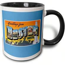 3dRose Mug_170229_4 Greetings From Boston Mass Scenic Postcard Reproduction Two Tone Mug, Black, 11 Oz