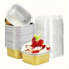 25/50pcs Gold Durable Square Aluminum Foil Baking Cups With Lids - For Cakes, Muffins, Desserts, Christmas, Halloween, Muffin Cups, Dessert Containers, Sturdy Structure, Heat-Resistant Material, Holiday Cooking, Party Planning - Gold - View 10
