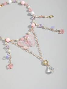 1件时尚粉色欧美风多巴胺项链，饰有甜美粉色蝴蝶、爱心、铃兰花和流苏多层颈链 - 粉色 - 查看 4